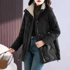 Mid-length Loose And Simple Cotton-padded Coat - Black - View 1