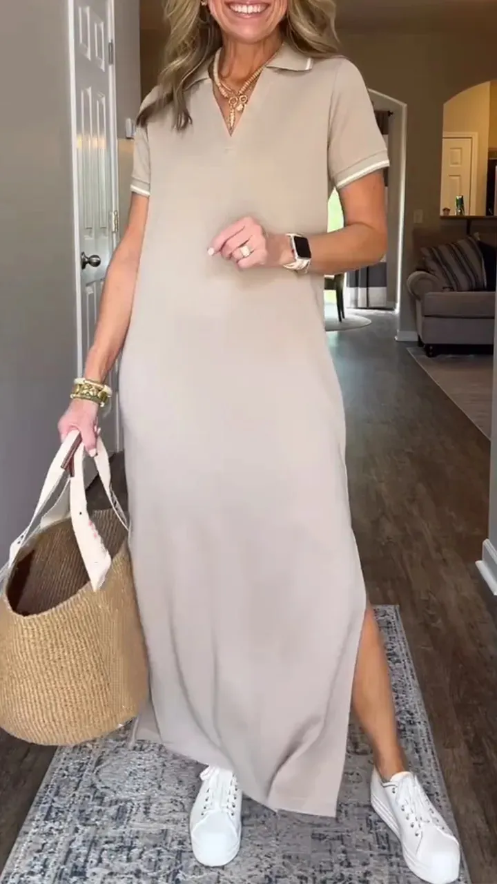 Casual Short Sleeve Split Dress With A Sophisticated Vibe - Khaki