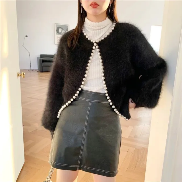 Korean Style Solid Color Fashion Loose Pearl Edge Mink like Wool Cardigan Sweater Black - Shop at LoveMi