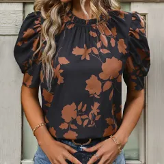 Women's Printed Round Neck Horse-hoof Sleeve Elegant Shirt - Black - View 1