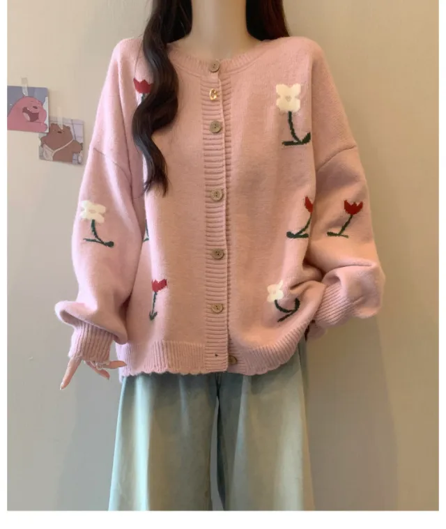Idle Style Loose Youthful looking Embroidered Flower Knitted Cardigan Sweater Pink - Shop at LoveMi