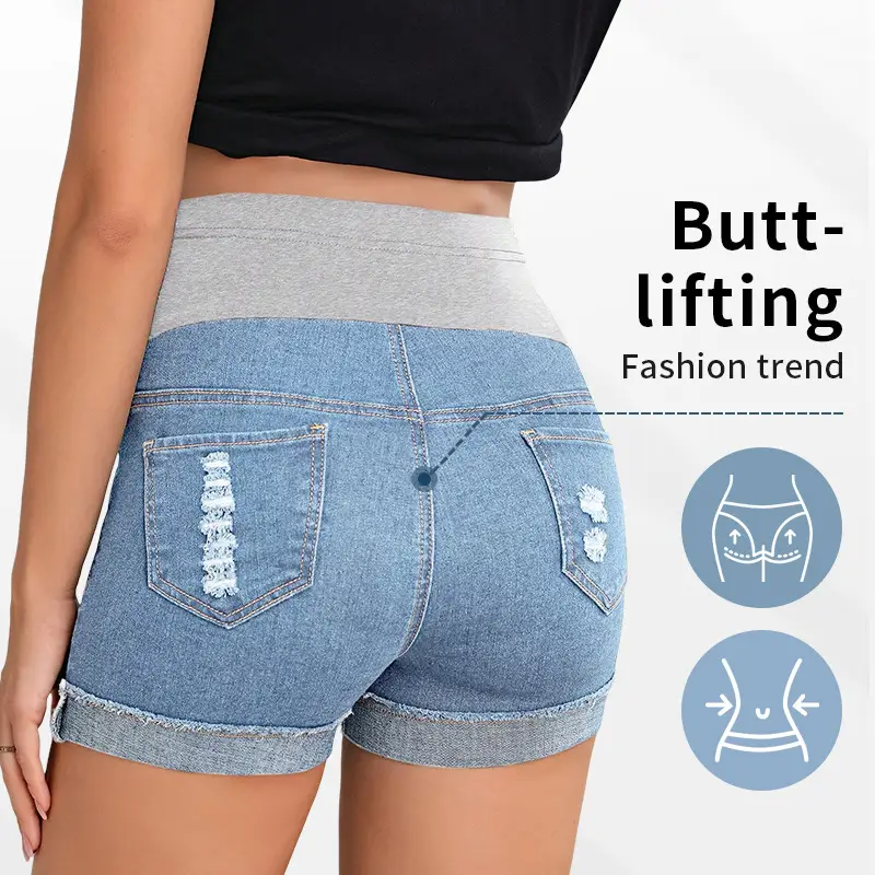 Simple High-Waisted Belly-Support Maternity Denim Shorts