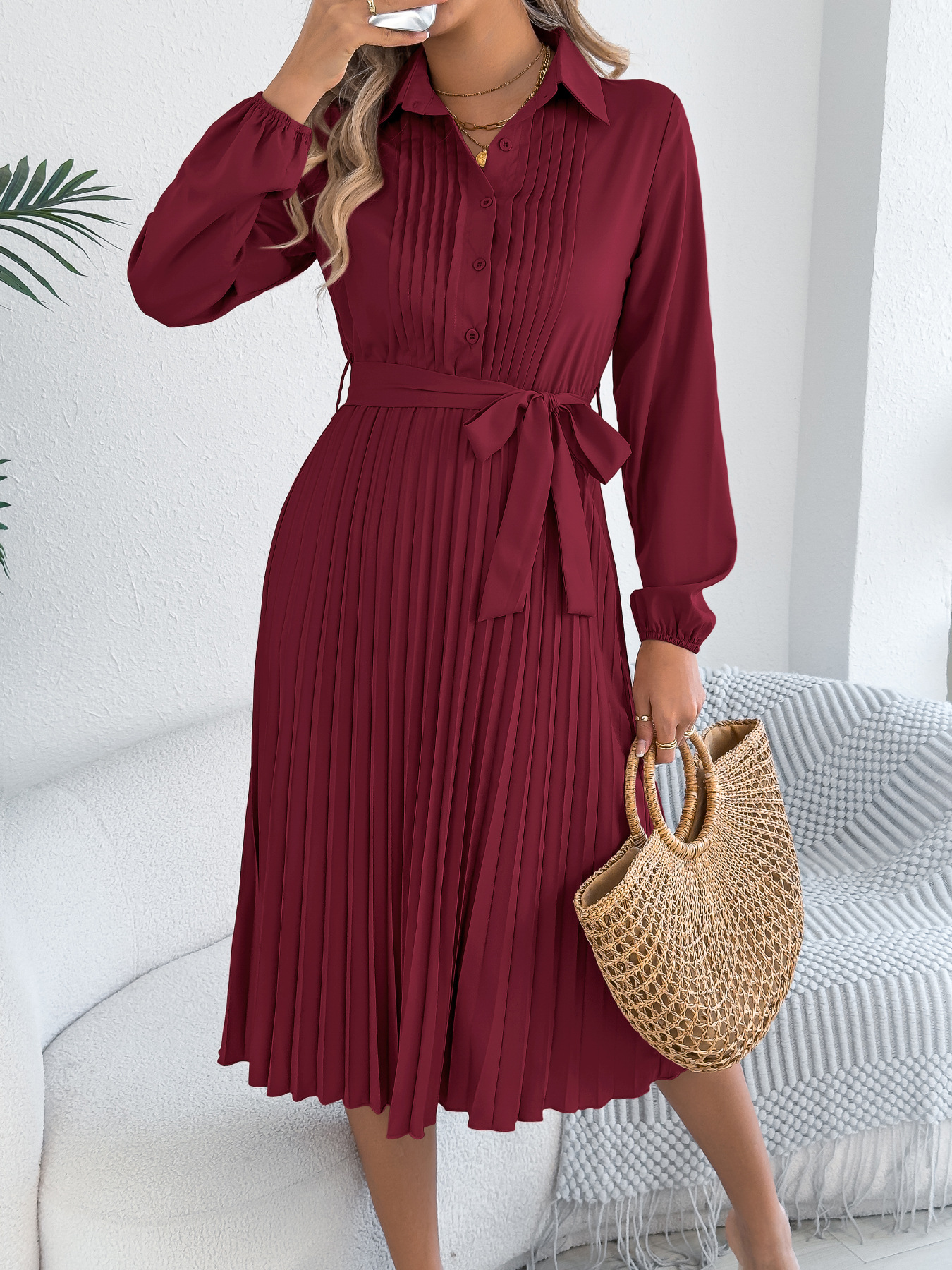Solid Color Lapel Long Sleeve Waist Pleated Dress Wine - Shop at LoveMi