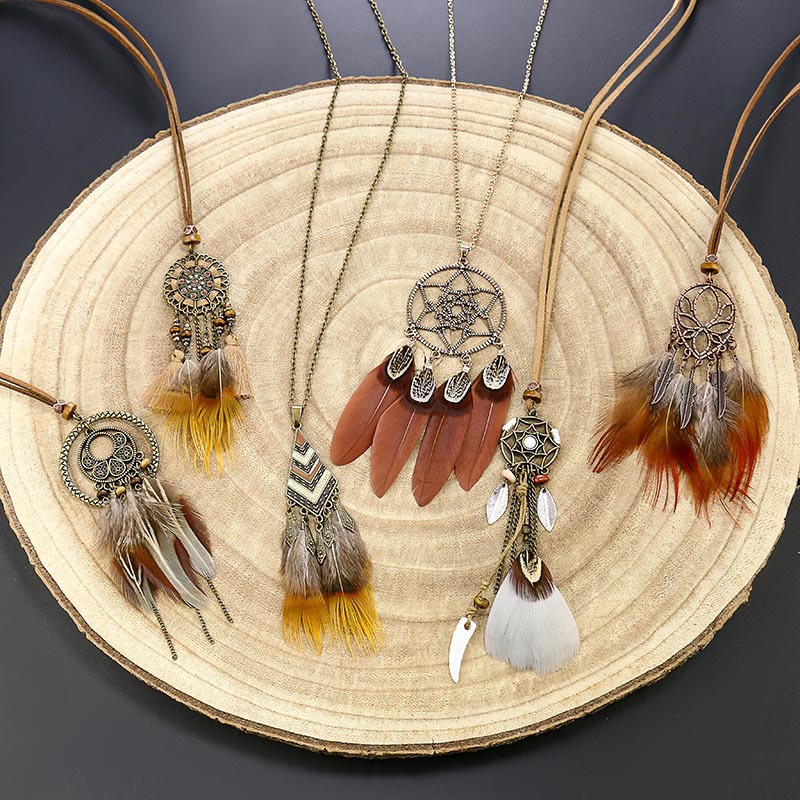 Round Dream Catcher Vintage Feather Tassel Necklace