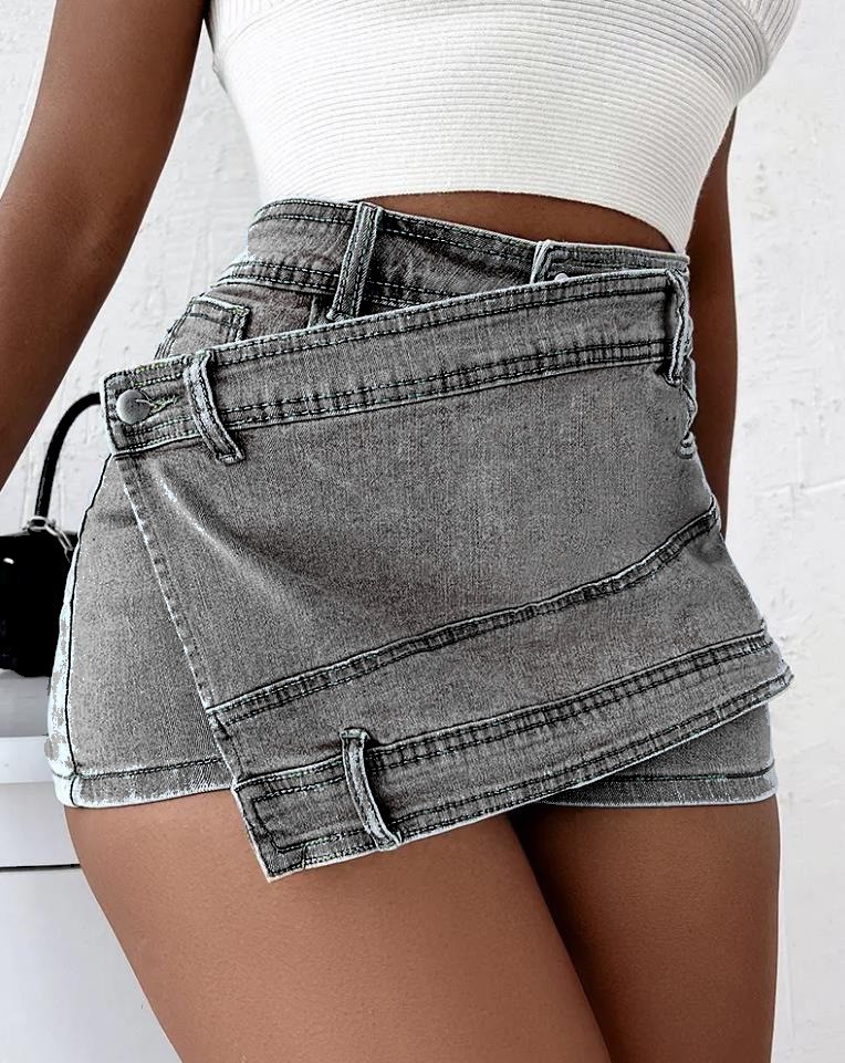 High Waist Irregular Wide Leg Pants Women's Summer Slimming Denim Skirted Leggings Shorts Gray - Shop at LoveMi