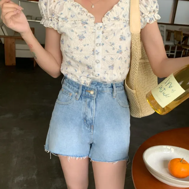 Retro Denim Shorts Summer High Waist A Line Design Light Blue - Shop at LoveMi