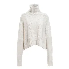 Winter New European And American Sweater Cable-knit Turtleneck Short Sweater - White - View 1
