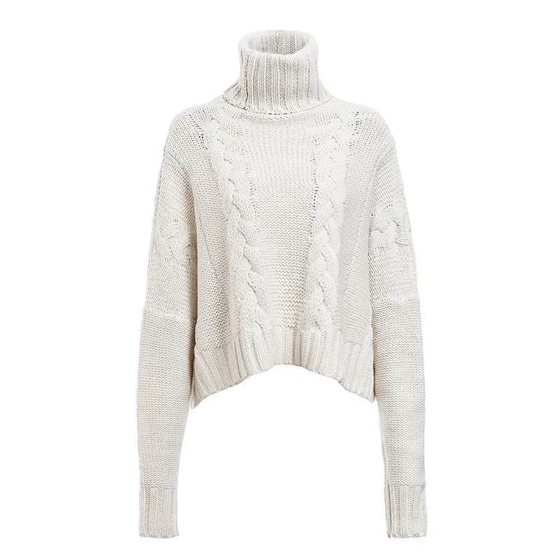 Winter New European And American Sweater Cable-knit Turtleneck Short Sweater - White