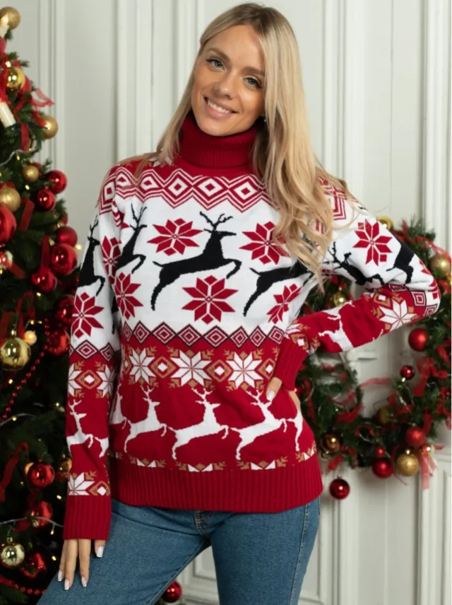 New Christmas Men's Women's Clothing Couple Wear Christmas Elk Jacquard Long Sleeve Turtleneck Sweater Women - Shop at LoveMi