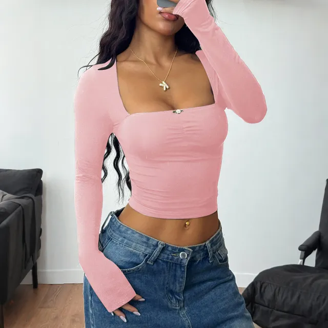 Women's Solid Color Long sleeved Bottoming Shirt T shirt Pink - Shop at LoveMi