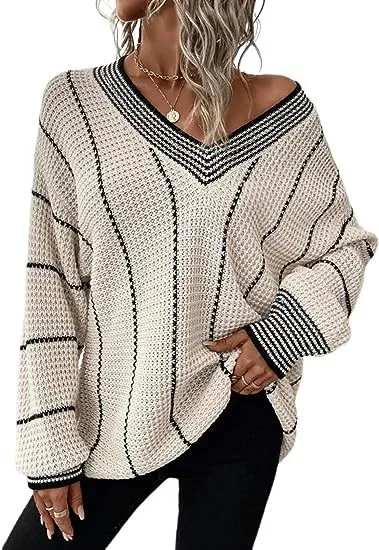 New Autumn And Winter Knitting Striped Pullover Loose Top Beige - Shop at LoveMi