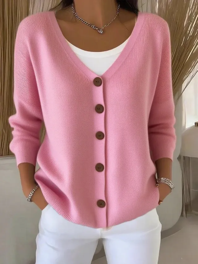 Women's Clothes Solid Color Knitted Button Cardigan Sweater Pink - Shop at LoveMi