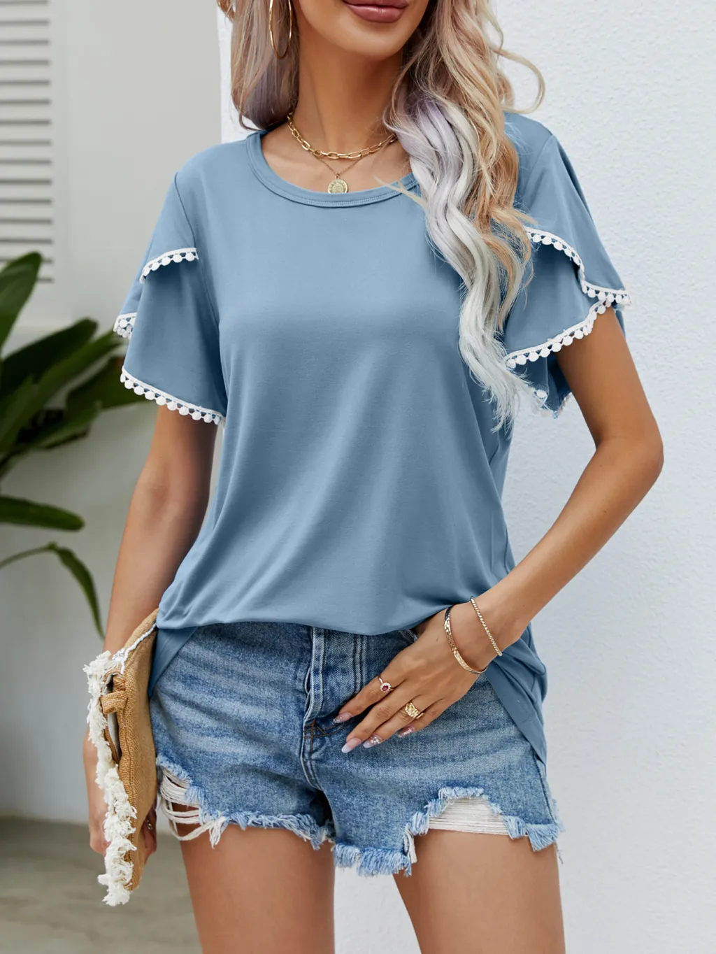 Round Neck Tassel Tulip Sleeve T-shirt Casual Top For Women - Blue