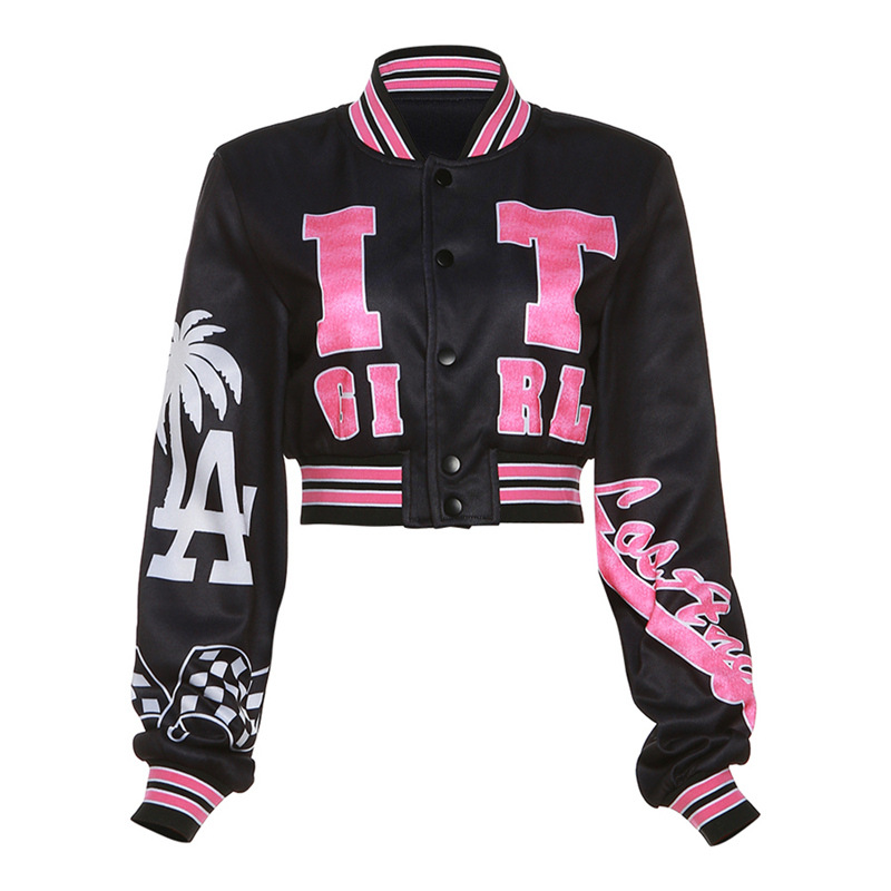 Autumn Women's Hot Girl American Retro Printed Cardigan Baseball Uniform Coat Pink - Shop at LoveMi