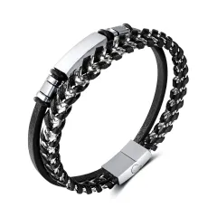 Stainless Steel Glossy Double-layer Woven Leather Bracelet - Ph1587 Leather Bracelet - View 1