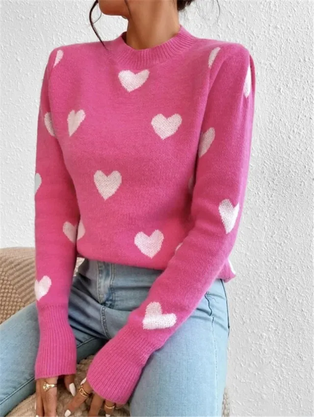 Heart shaped Pattern Loose Round Neck Knitted Pullover Sweater Bright Pink - Shop at LoveMi