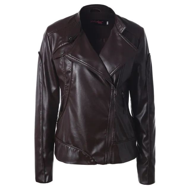 Stand Collar Side Zipper Leather Coat Motorcycle Jacket Brown - Shop at LoveMi