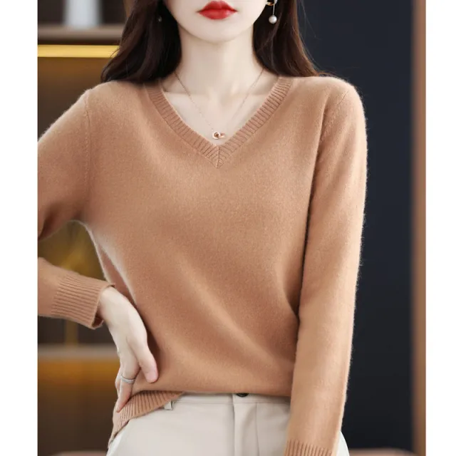 Women's V neck Loose Pullover Long Sleeve Sweater Gold Camel - Shop at LoveMi