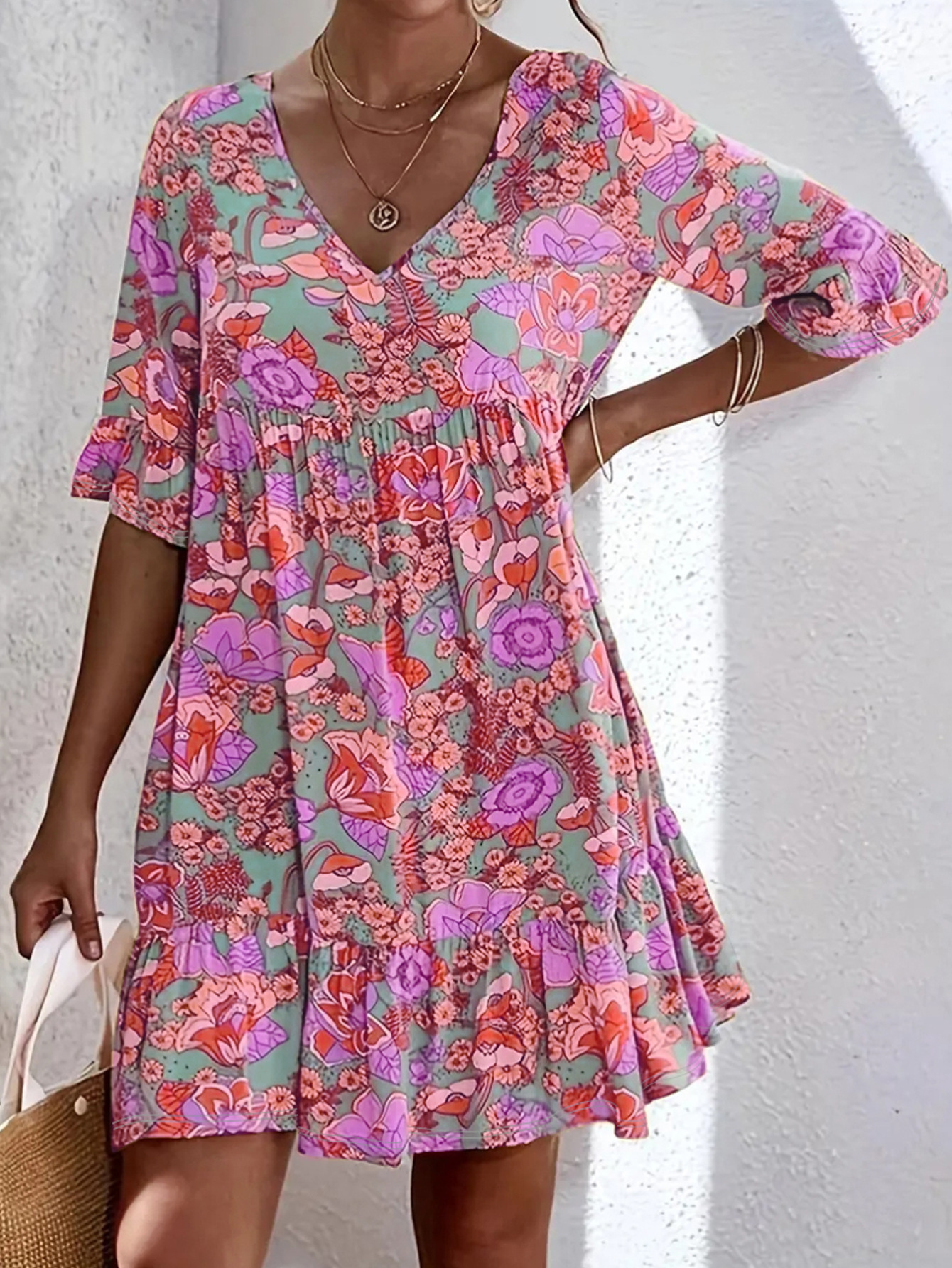 Casual V neck Floral Print Bohemian Style Women's Dress Red - Shop at LoveMi