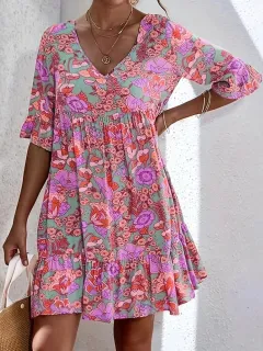 Casual V-neck Floral Print Bohemian Style Women's Dress - Red - View 1