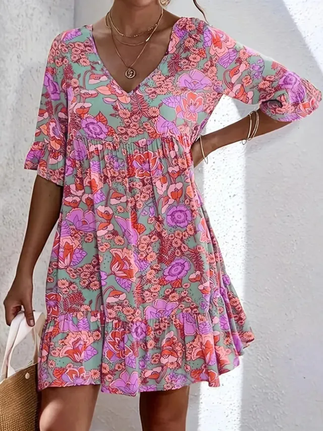 Casual V neck Floral Print Bohemian Style Women's Dress Red - Shop at LoveMi