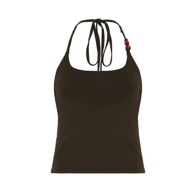 Beaded Decorative Design Sexy Slim Fit Backless Halter Lace up Vest Brown - Shop at LoveMi
