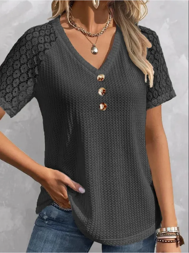 Waffle Casual Solid Color And V neck Button Women's Pullover Lace Black - Shop at LoveMi