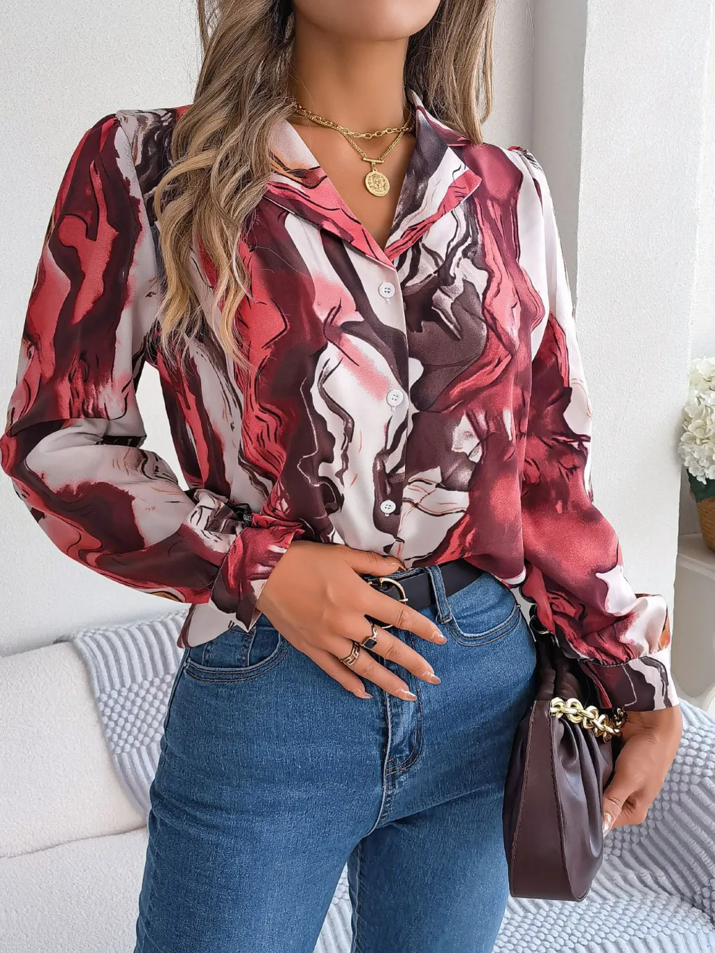 Casual Contrast Color Striped Shirt Suit Collar Long Sleeve Shirt - Wine