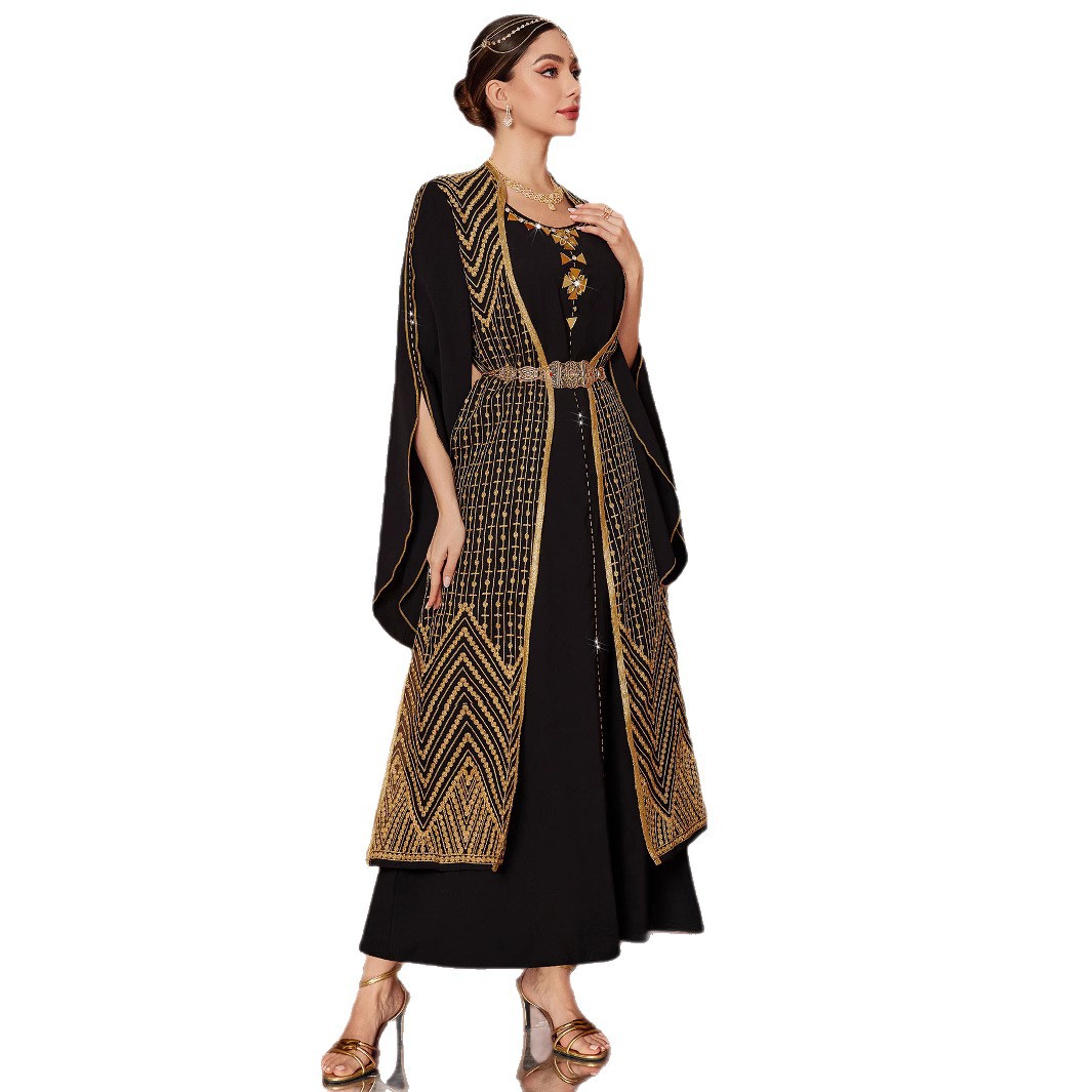 Arabic Vintage Gold Embroidered Black Fake Two Pieces Robe Red - Shop at LoveMi