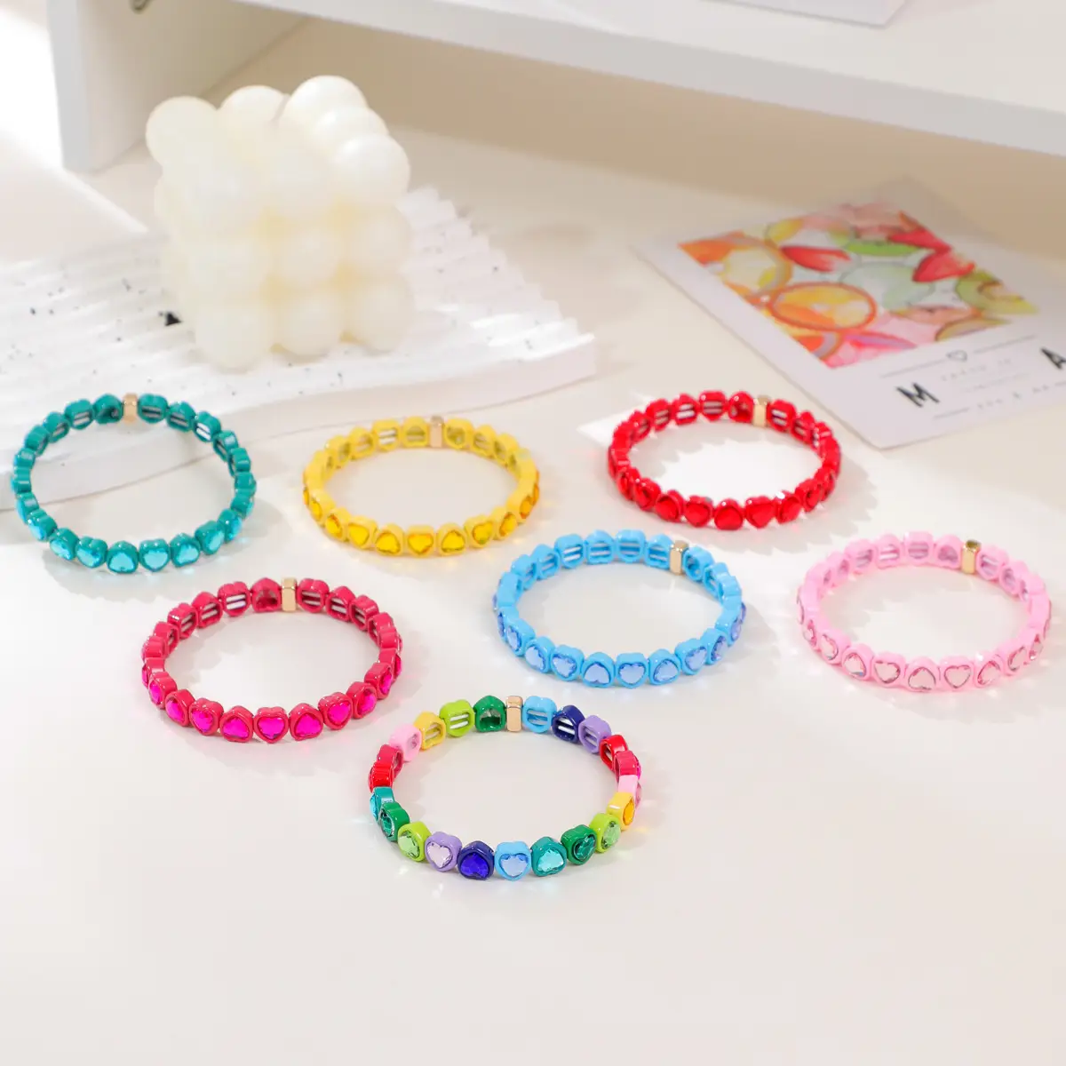 Rainbow Enamel Alloy Heart Bracelet Colorful Fashion Creative Stretch Bracelet