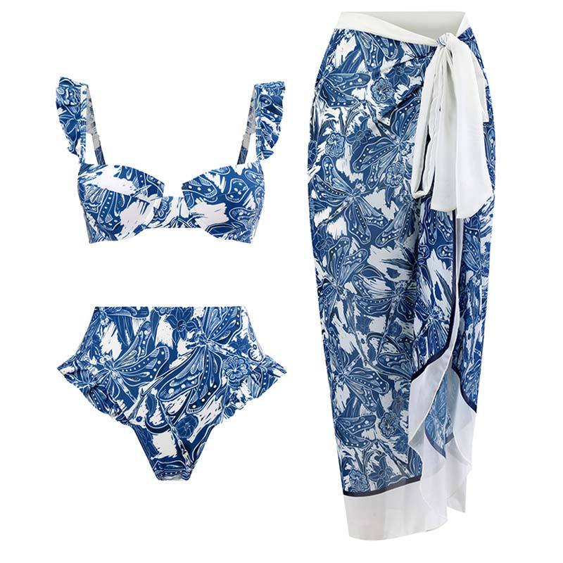 Push Up Three piece High Waist Split Swimsuit Suit Mesh Long Dress Blue Dragonfly Suit - Shop at LoveMi