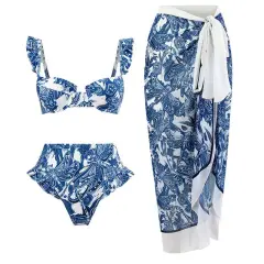 Push Up Three-piece High Waist Split Swimsuit Suit Mesh Long Dress - Blue Dragonfly Suit - View 1