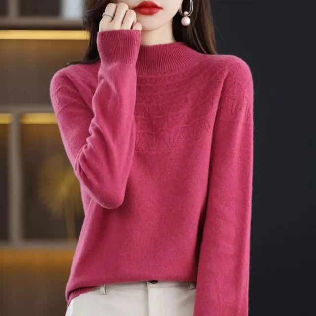Hollow Wool Base Shirt Women's Clothing Half collar Wool Sweater Raspberry Color - Shop at LoveMi