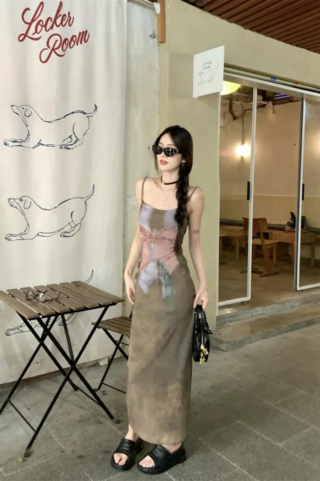 Retro Slim Fit Slim And Sexy Cinched Mesh Printed Sheath Dress Long Suspender Skirt - Shop at LoveMi