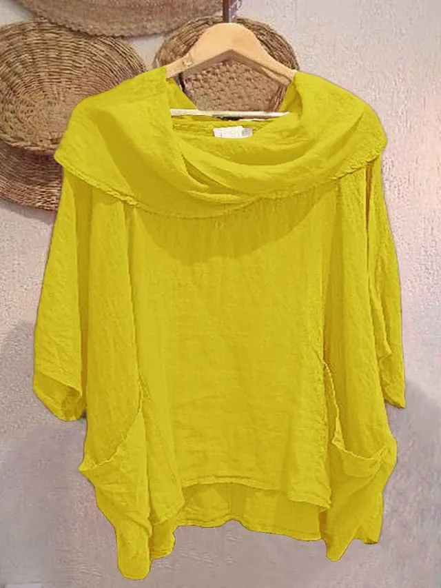 Women's Draped Neckline Three quarter Sleeve Linen Pocket Top Yellow - Shop at LoveMi