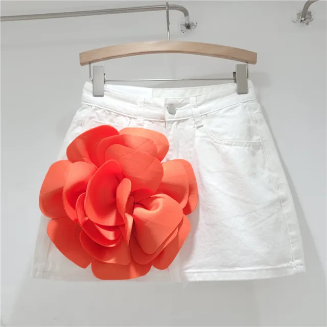 Design Flower High Waist Denim Skirt Women's A Line Shorts Sheath Culottes Skirt White H019 - Shop at LoveMi
