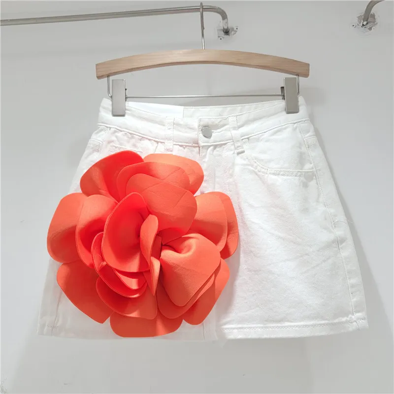 Design Flower High Waist Denim Skirt Women's A- Line Shorts Sheath Culottes Skirt - White H019