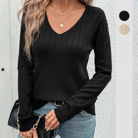 Fall Women's Clothing Sunken Stripe V-neck Black Sweater
