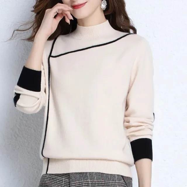 Women's Solid Color Turtleneck Pullover Long Sleeve Sweater Beige - Shop at LoveMi