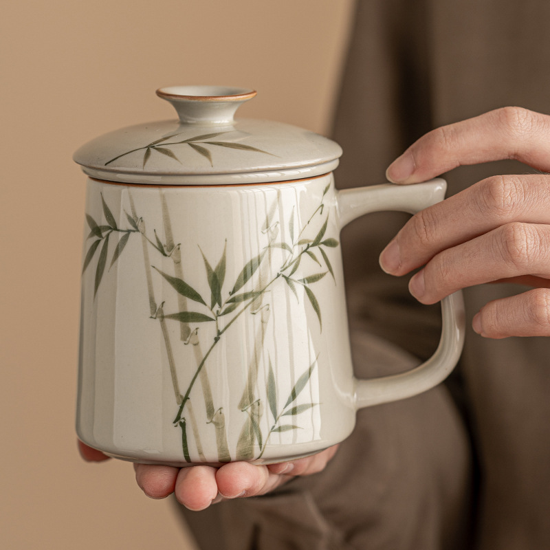 Hand Painted Emerald Green Asparagus Fern Ceramic Mug With Lid Tea Water Separation