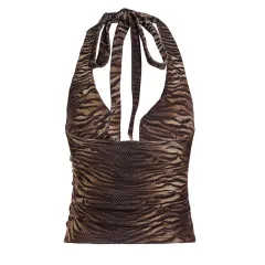 Sexy Style Tiger Print Deep U-neck Halter Top - Brown - View 1