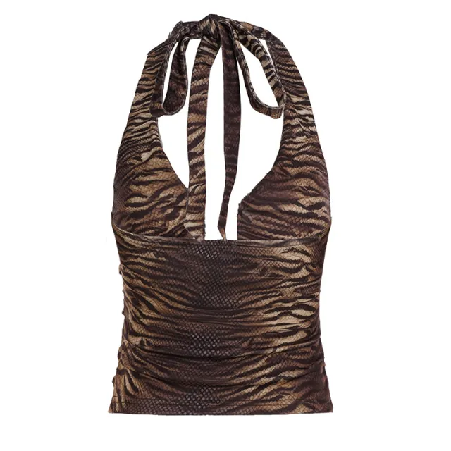 Sexy Style Tiger Print Deep U neck Halter Top Brown - Shop at LoveMi