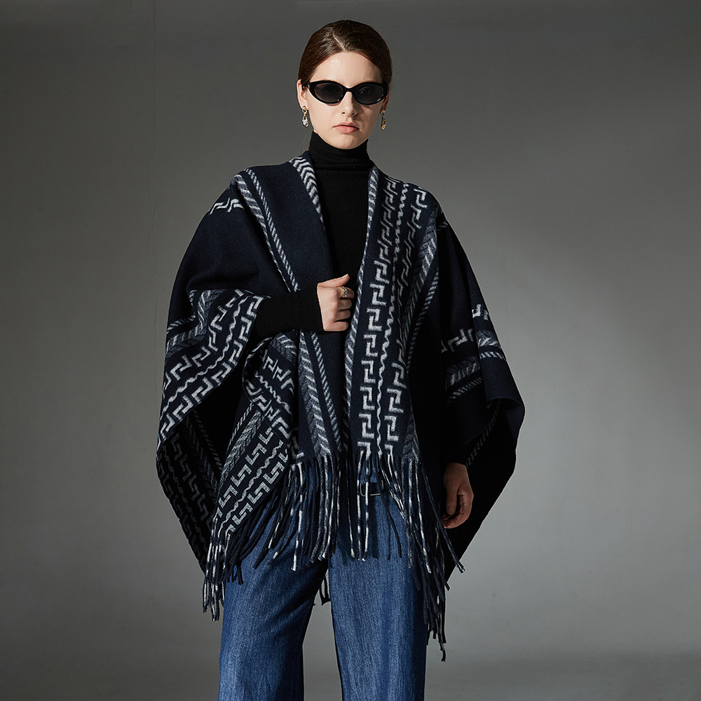 Cloak Ethnic Style Navy Blue Tassel Jacquard Shawl