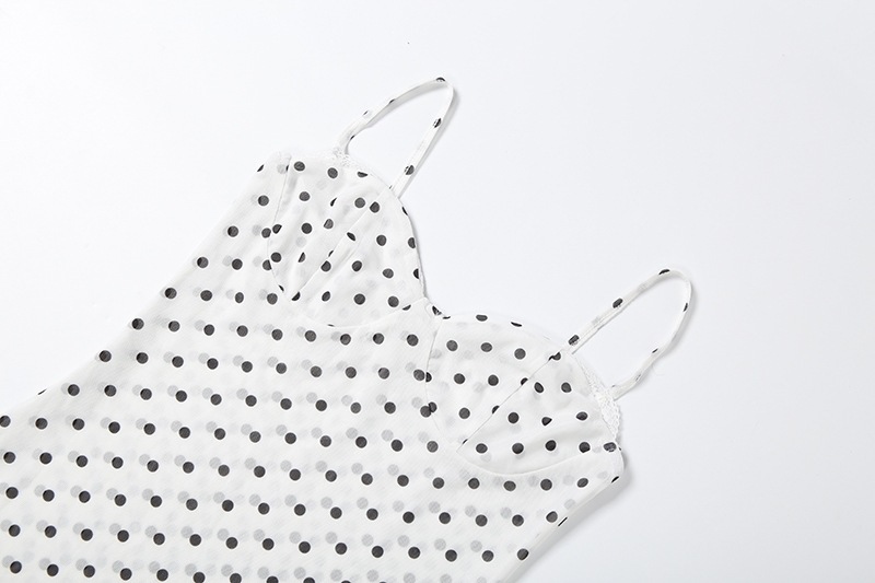 Vestido Feminino Midi de Poá com Renda e Alças