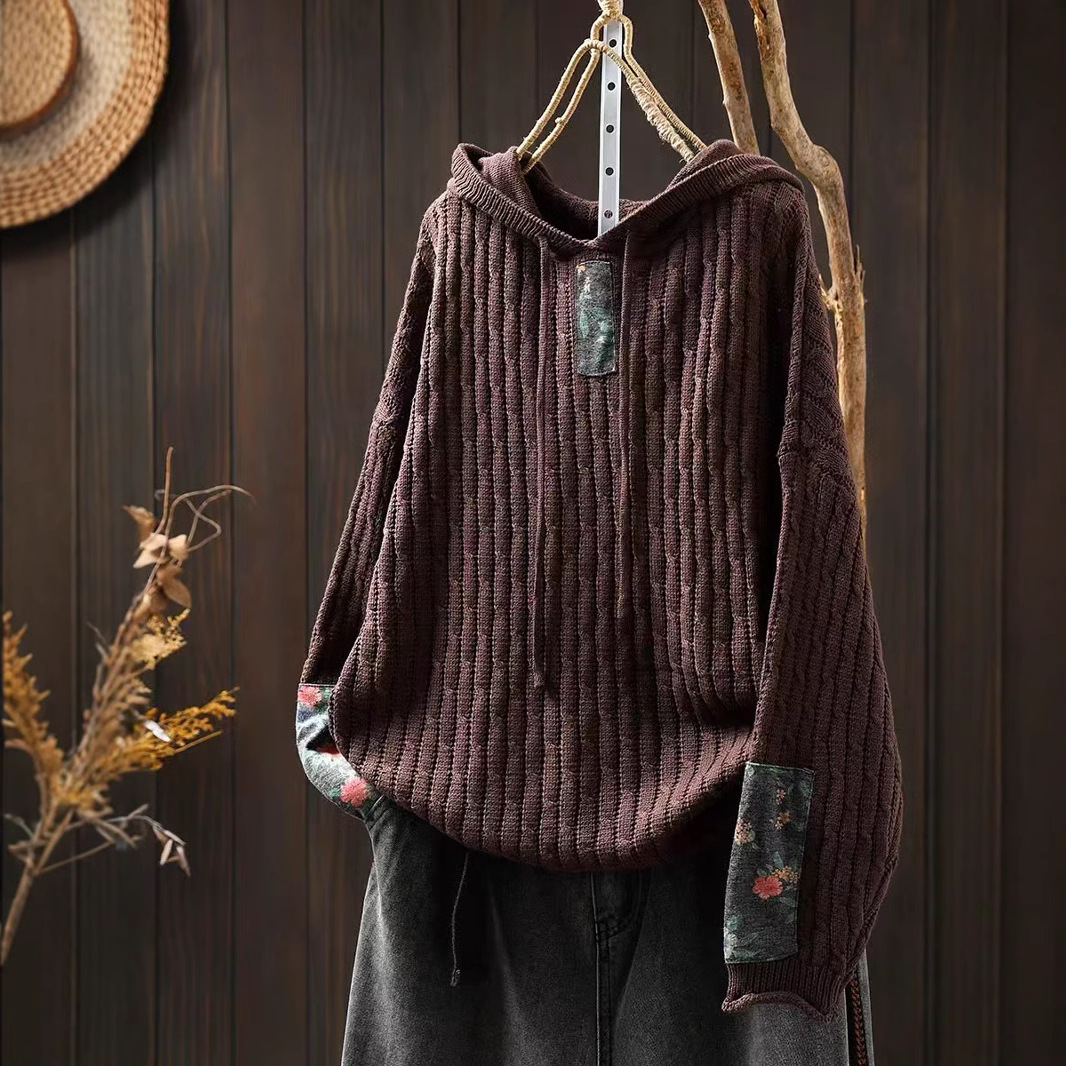 Womens Ethnic-Style Loose-Fit Oversized Sweater With Drawstring Hood