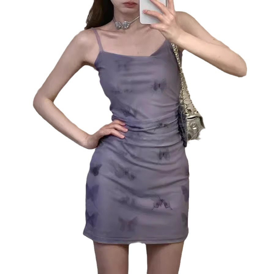 New French Purple Floral Strap Women Dress