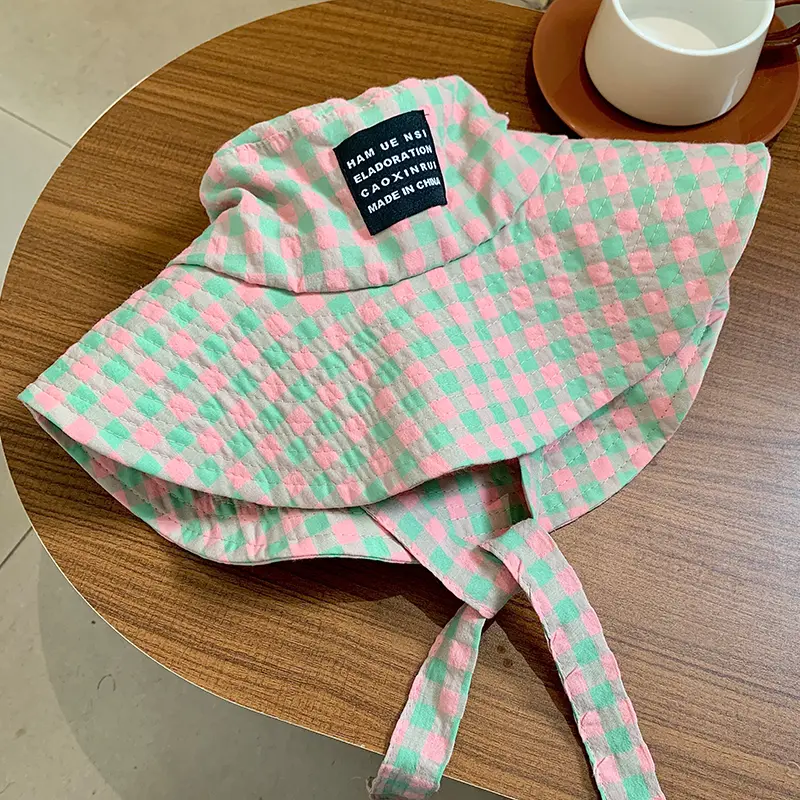 Tie-neck Plaid Bucket Hat Women's Summer Japanese Retro