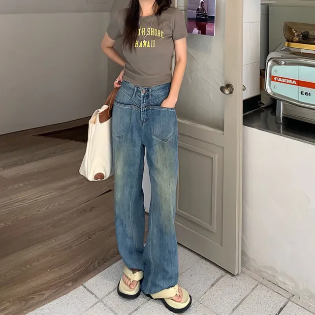 High Waist Loose And Slimming Korean Style All match Mopping Straight leg Trousers Vintage Blue - Shop at LoveMi