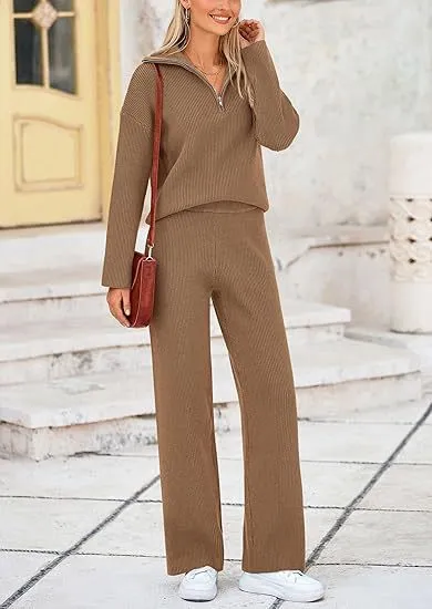 European And American Autumn And Winter Knitting Two piece Set Casual And Comfortable Half open Zipper And Lapel Sweater Khaki - Shop at LoveMi