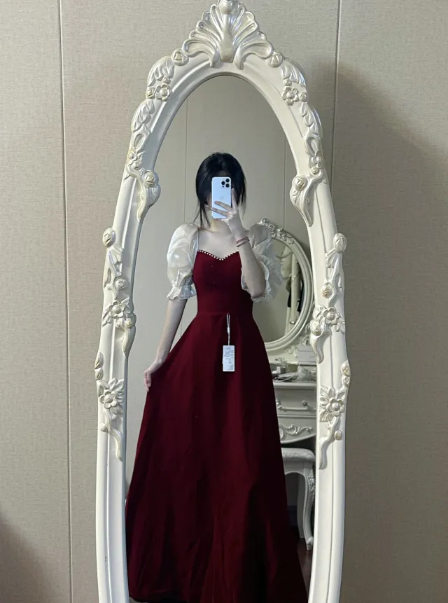 Small Plus Size Wine Red Puff Sleeve Princess High grade Evening Dress Wine - Shop at LoveMi